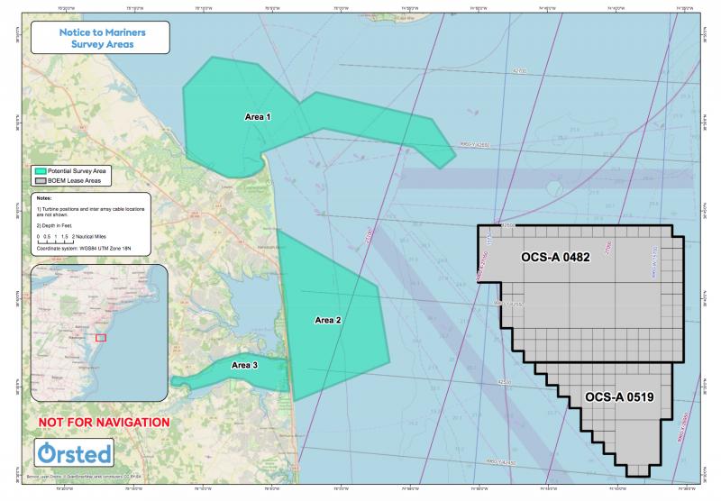 Ørsted is conducting geophysical surveys for its Skipjack 1 and Skipjack 2 wind farms in these three areas. ØRSTED IMAGE